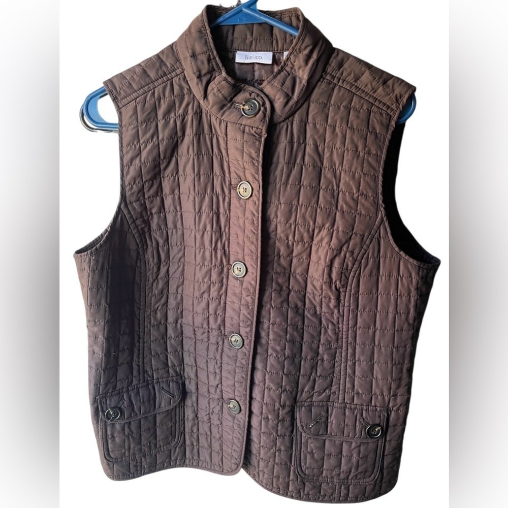 Liz & Co Brown Quilted Puffer Vest Snap Button Pockets Women's Medium - Picture 2 of 8